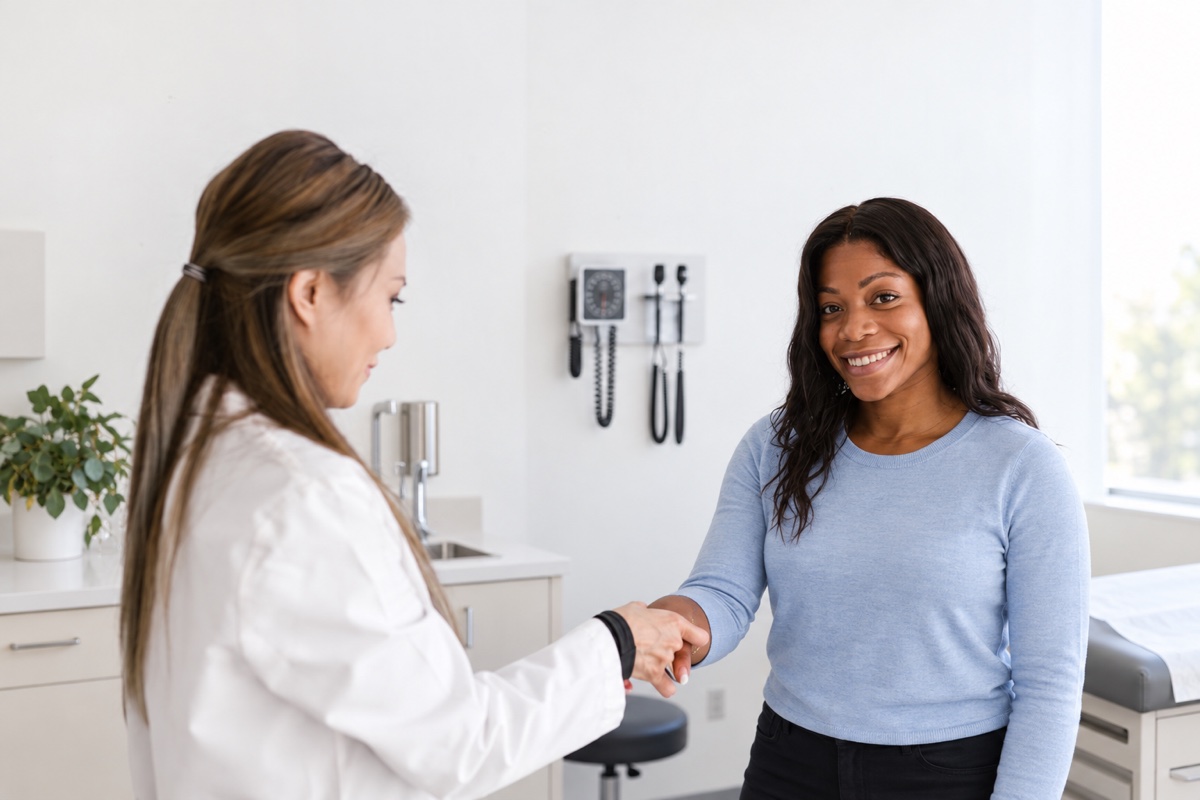 A patient in everyday clothes shaking hands with a doctor in a bright clinic.